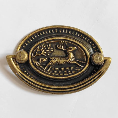 4-Pack Vintage Style Antique Brass Deer Pattern Bail Drawer Pulls, 2-Inch Center-To-Center, Oval Plate 51mm, Zinc Alloy