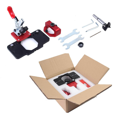 35mm Metal Concealed Hinge Jig With Quick Clamp And Dust Vacuum Adapter set in packaging and tools displayed