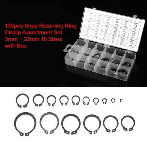 Heavy Duty 150 Pcs Black C Clip Retaining Ring Set 3mm to 32mm Internal and External, 18 Sizes with Storage Box displayed