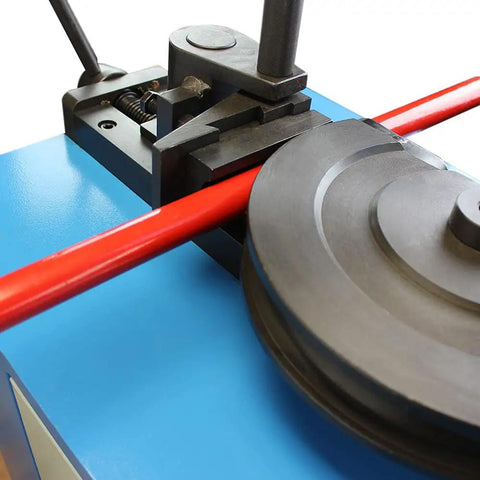 Close-up of Hardcore Programmable Electric Tube Bender With Smart Plc Auto Manual Toggle 2Hp 220Volt Motor bending red tubing.