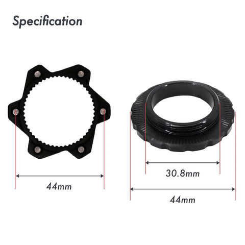 Centerlock To Six Bolt Rotor Adapter With Lockring All In One Kit for conversion, specifications showing 44mm diameter.