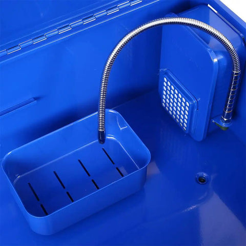 Forty Gallon Heavy Duty Parts Washer With Electric Pump And Removable Shelf, Built Tough Steel Solvent Tank Cuts Through The Grime Fast, Shop Ready Industrial Degreasing Station For Garage interior view showing steel tank, circulation pump, and removable shelf.