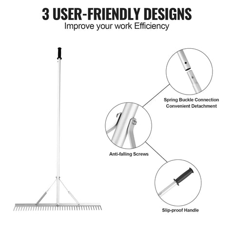 Heavy Duty Landscape Rake For Land And Water, 36 Inch Head Aluminum Lake Weed Rake With 75 Inch Handle, user-friendly design