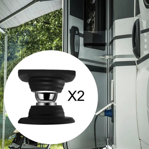 Dope 2 Piece Silicone RV Door Stopper For Motorhomes And Campers To Keep Doors Open Wide Easy Install Weather Proof Baggage Catch Accessory, black silicone stoppers displayed with RV.