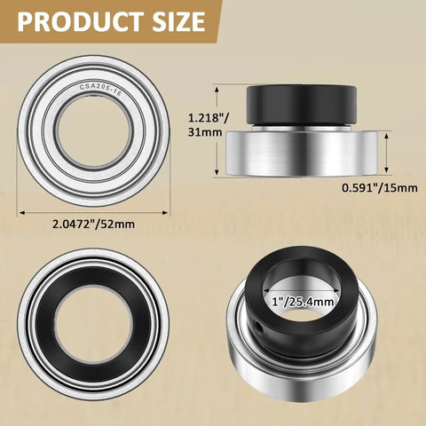 CSA205-16 Insert Bearing With Eccentric Locking Collar And Trash Guard Seals, 1 Inch Bore, 52mm OD, 31mm Wide, Pre-Filled NLGI-2 Grease, Heavy-Duty Farm Machinery Replacement Bearing shown with size measurements and collar