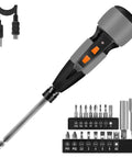 2 In 1 Cordless Electric Screwdriver Kit with LED Light and USB Charging, screwdriver, USB cable, 19 piece bit set displayed