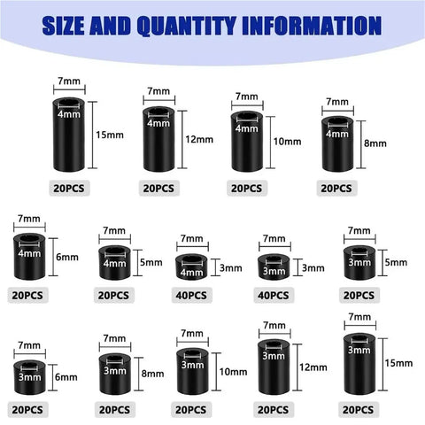 960 Piece Black Nylon Spacers Assortment Kit For Screws And Electrical Installations, Round Spacers For Outlet And Switch Receptacle Mounting, DIY Friendly Multi Size Inner Diameters And Lengths For Stable Misalignment Fix, size chart with 3mm and 4mm spacers