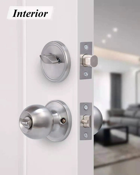Interior view of Two Sets All Keyed Alike Entry Door Knob And Deadbolt Combo, Satin Nickel Round Ball Exterior Door Knobs