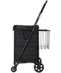 Side view of Folding Shopping Cart With Dual Baskets And Waterproof Liner Workhorse Cart With Wheels 100 lb load capacity black color.