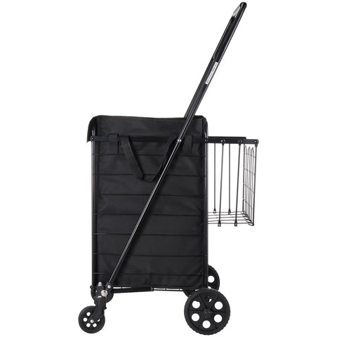 Side view of Folding Shopping Cart With Dual Baskets And Waterproof Liner Workhorse Cart With Wheels 100 lb load capacity black color.