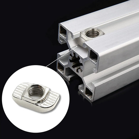 Close-up of 50 Pack Hammer Head Sliding T Nuts For 8mm T Slot Aluminum Extrusion 3030 Series M6 Thread Slide In Easy Insertion And Strong Connection Fits Standard Profiles Rierdge inserted in aluminum profile