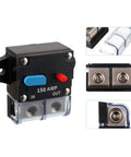 Heavy Duty 150 Amp DC Circuit Breaker With Manual Reset For Car Audio, RV, Marine And Boat Systems, 12-48 Volt, 0-8 Gauge Wire, Self Recovery Overload Protector For Auxiliary DC Circuits. black 150A breaker with cover, IN/OUT terminals, and reset buttons