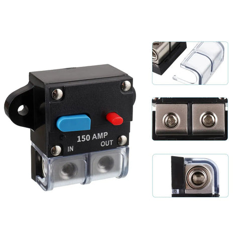 Heavy Duty 150 Amp DC Circuit Breaker With Manual Reset For Car Audio, RV, Marine And Boat Systems, 12-48 Volt, 0-8 Gauge Wire, Self Recovery Overload Protector For Auxiliary DC Circuits. black 150A breaker with cover, IN/OUT terminals, and reset buttons