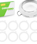 Eight Pack Silicone Canning Jar Seals With Airtight Reusable Gaskets Crafted For Standard Mouth Mason Lids To Keep Your Pantry Staples Locked Tight While Maintaining Peak Freshness Season After Season In White, displayed with a box and jar.