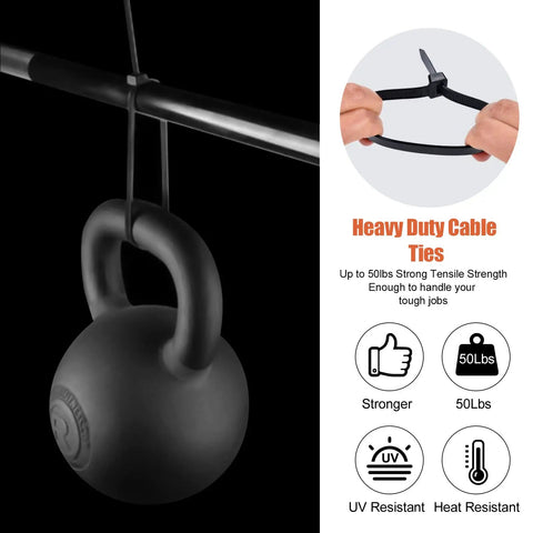 12 Inch Heavy Duty Zip Ties With 50 Lbs Tensile Strength Self Locking Nylon Cable Ties holding kettlebell for indoor and outdoor use