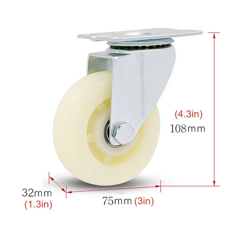 Badass Heavy Duty White Nylon Swivel Caster Wheels For Furniture Carts And Workbenches providing smooth rolling, showing 75mm wheel size.