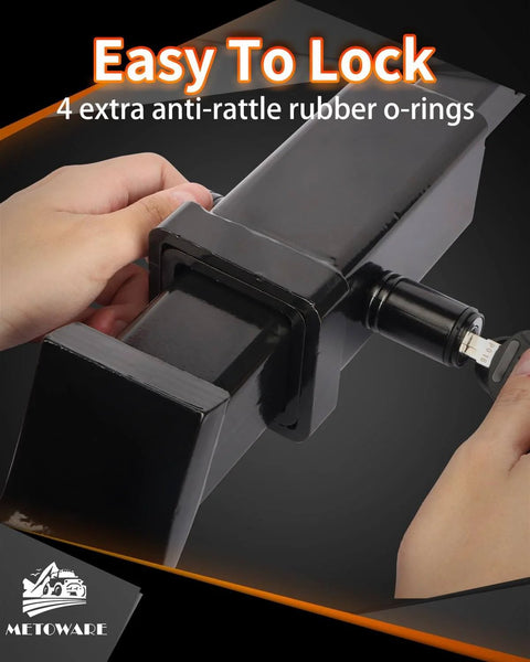 Hands installing Five Eighth Inch Locking Trailer Hitch Pin Anti Theft Receiver Lock For Two Inch Receiver Tubes Class Three And Four Hitches High Strength Steel Black One Pack with included key and o-rings.