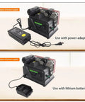Super Slick Mini Belt Sander Workhorse With Polishing And Carving Accessory Kit For Wood Metal And Plastic Fast 7000 Rpm showing power adapter and battery options.