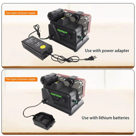 Super Slick Mini Belt Sander Workhorse With Polishing And Carving Accessory Kit For Wood Metal And Plastic Fast 7000 Rpm showing power adapter and battery options.