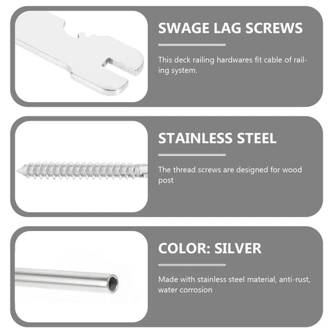 Stainless Steel 3/16 Inch Threaded Lag Screws For Cable Railing Kit Left And Right Hand Threads detail on gray background.