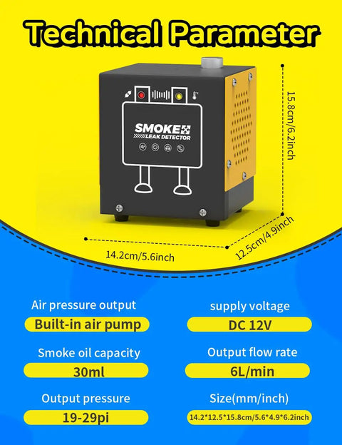 Smoke Machine Automotive Diagnostic Tool With Built In Air Pump 12V DC EVAP Leak Tester technical specifications diagram
