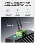 Close-up of electrical ports on Rugged Five Port Gigabit PoE Industrial Switch For DIN Rail Mounting with dual DC inputs shown.
