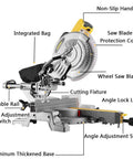 Professional Sliding Miter Saw Built Different For Smooth Panel Cuts And Rock Solid 1800 Watt Power showing features like non-slip handle and integrated bag.