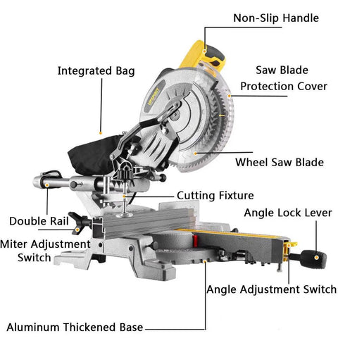 Professional Sliding Miter Saw Built Different For Smooth Panel Cuts And Rock Solid 1800 Watt Power showing features like non-slip handle and integrated bag.