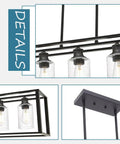 Close-up of Five Light Kitchen Island Pendant Light With Seeded Glass In Matte Black, Modern Linear Chandelier features