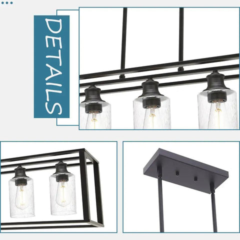 Close-up of Five Light Kitchen Island Pendant Light With Seeded Glass In Matte Black, Modern Linear Chandelier features