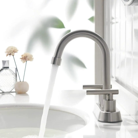 Brushed Nickel 4 Inch Centerset Two Handle Bathroom Faucet With Stainless Steel Build Pop Up Drain And Included Water Supply Lines
