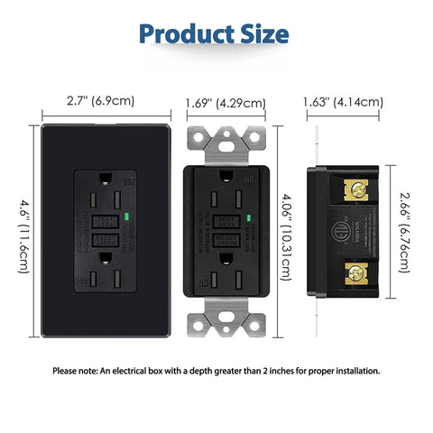 Dimensions of Black GFCI Outlet 15 Amp Weather Resistant Electrical Receptacle With Decorator Screwless Plate ETL Listed