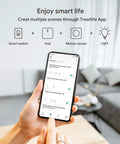 Person using smartphone to control ZigBee 3.0 Bluetooth Smart Home Gateway Hub with TreatLife app in living room.