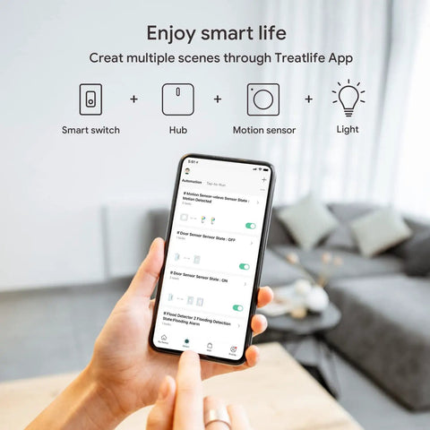 Person using smartphone to control ZigBee 3.0 Bluetooth Smart Home Gateway Hub with TreatLife app in living room.