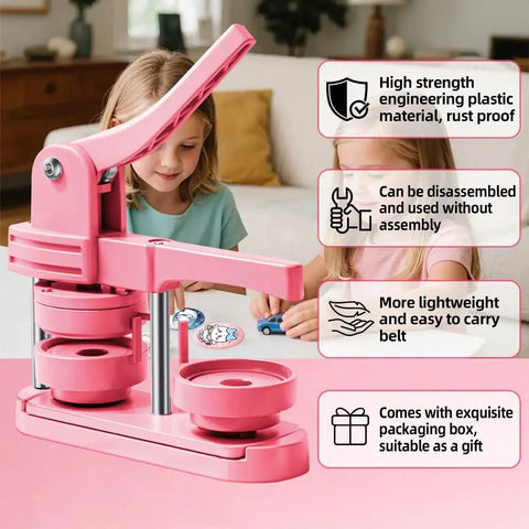 58mm Button Maker Press Kit Starter Bundle For DIY Pins And Badges in use by children, showcasing pink design and features.