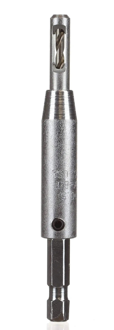 Close-up of Three Piece Self Centering Pilot Bit Set With Hex Shank For Wood Screws Sizes Three Through Ten Centered Holes Every Time