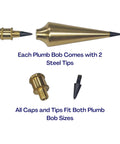 Pro Grade Plumb Bob Kit With 16 Oz And 8 Oz Brass Plumbs, showing steel tips and caps compatible with both sizes.