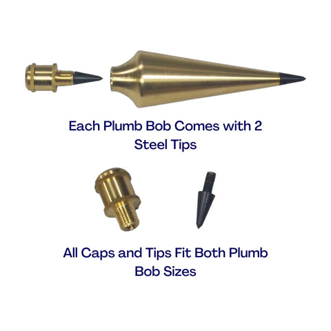 Pro Grade Plumb Bob Kit With 16 Oz And 8 Oz Brass Plumbs, showing steel tips and caps compatible with both sizes.