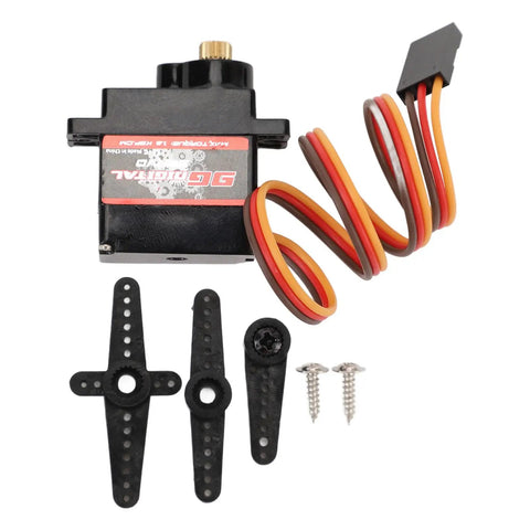 Lightweight 9G Servo Motor Kit With Heavy Duty Copper Gears Built For Nimble RC Cars Robots Helicopters And Planes includes motor, gears, and connectors.
