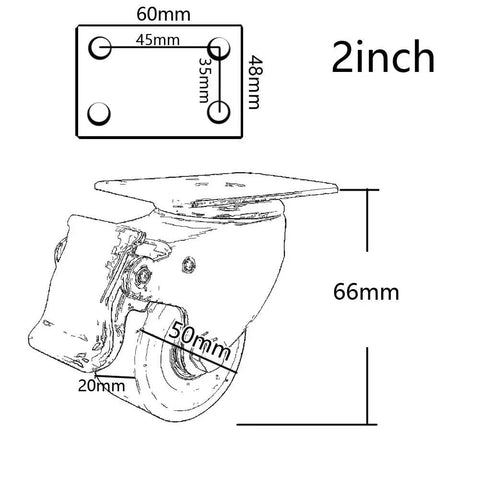Heavy Duty Cast Iron Caster Wheels For Furniture And Home Workshop, Super Rugged 2 inch swivel caster with dimensions.