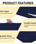 Four Pack 19 By 19 By 3 Inch Waterproof Outdoor Chair Cushions With Non Slip Ties And Handle For Your Patio Furniture Removable Covers Navy Color Square Cushions Weatherproof For Patio Deck Garden Balcony Set Of Four product features showing hidden zipper, portable handle, and adjustable straps.