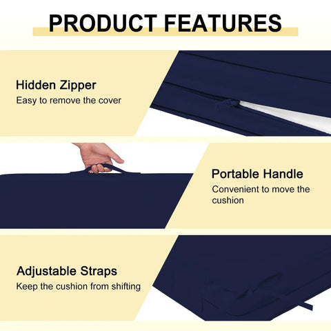 Four Pack 19 By 19 By 3 Inch Waterproof Outdoor Chair Cushions With Non Slip Ties And Handle For Your Patio Furniture Removable Covers Navy Color Square Cushions Weatherproof For Patio Deck Garden Balcony Set Of Four product features showing hidden zipper, portable handle, and adjustable straps.