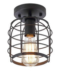 Industrial Vintage Flush Mount Ceiling Light With Metal Cage Pendant, Black Finish, E26 Base, UL Listed, 110V, Bulb Not Included