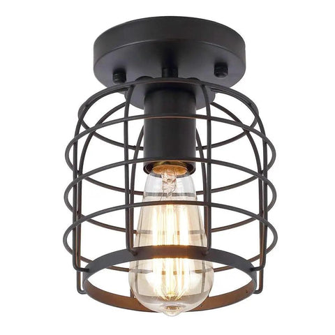Industrial Vintage Flush Mount Ceiling Light With Metal Cage Pendant, Black Finish, E26 Base, UL Listed, 110V, Bulb Not Included