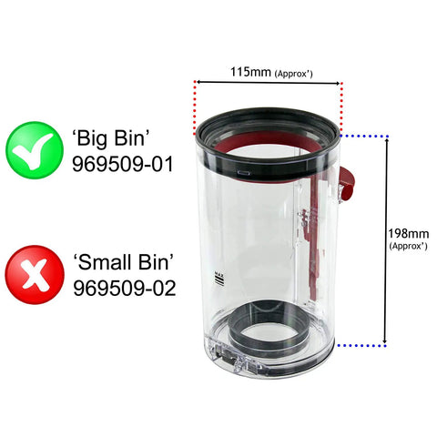 Cordless Vacuum Replacement Dirt Bin For SV12 SV10 V10 Series showing dimensions and model numbers for big and small bin options.