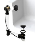 Heavy Duty Abs Bath Drain Trim Kit Featuring Cable Driven Pop Up Stopper With Rotary Overflow Knob showing matte black finish and installation details.