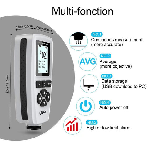 Mil Thickness Gauge With Fe NFe Dual Probe 0 to 2000 Um Coating Thickness Meter With Backlit LCD Display stores data, 110mm white device