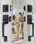Matte Black Double Door Handle Set With Heavy Duty Zinc Alloy Construction, Reversible Handles and Lock Set on white door