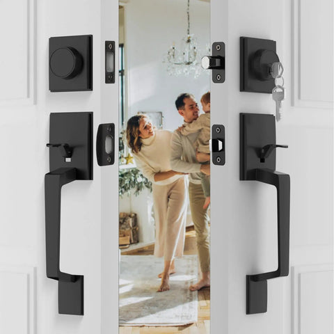 Matte Black Double Door Handle Set With Heavy Duty Zinc Alloy Construction, Reversible Handles and Lock Set on white door