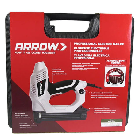 Product packaging of Heavy Duty Electric Brad Nailer for Trim and Framing Projects with features displayed on the box.